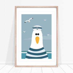 May include: A white seagull wearing a blue and white sailor hat with an anchor design. The seagull has a yellow beak and blue and white striped shirt. The background is a light blue sky with white seagulls flying.
