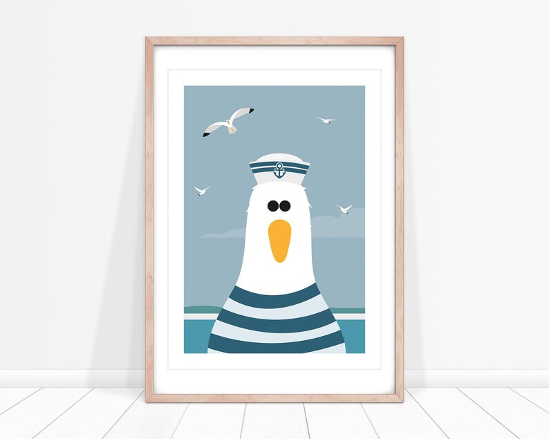 May include: A white seagull wearing a blue and white sailor hat with an anchor design. The seagull has a yellow beak and blue and white striped shirt. The background is a light blue sky with white seagulls flying.