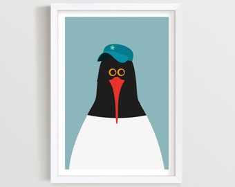 Oystercatcher Art Print: Seaside Nursery Decor, Blue and White Coastal Wall Art, Funny Seabird.
