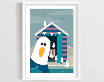 Snapshot Seagull Art Print: Beach Hut Nautical Wall Art, Seaside Holiday Decor