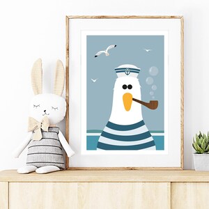 May include: A blue and white striped seagull wearing a sailor hat and smoking a pipe. The seagull is against a light blue background with white seagulls flying in the sky.