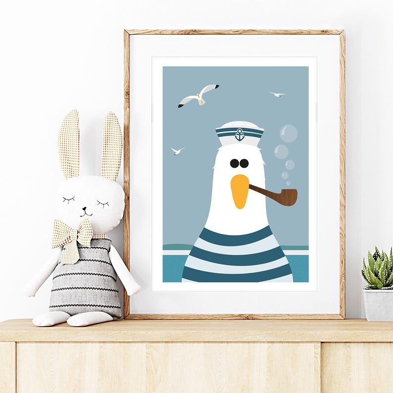 May include: A blue and white striped seagull wearing a sailor hat and smoking a pipe. The seagull is against a light blue background with white seagulls flying in the sky.