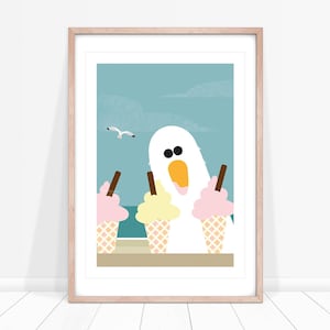 Puede incluir: Un p&aacute;jaro blanco de dibujos animados con un pico grande y ojos grandes est&aacute; mirando tres conos de helado. Los conos de helado son rosados, amarillos y blancos. El fondo es un cielo azul con nubes blancas.
