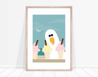 Greedy Gull Print, Seaside Prints, Seagull Wall Art, Ice Cream Print, Seaside Decor for Bathroom, Kids Coastal Bedroom