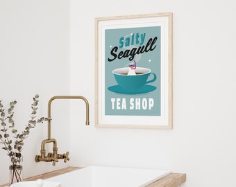 Salty Seagull Cafe Print: Coastal Kitchen Art, Turquoise and White Fun Bird Decor