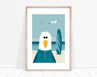 Surfer Seagull Print, Seagull Nursery Prints, Seaside Print for Bathroom, Coastal Bird Art, Seaside Picture, Gift for Surfer