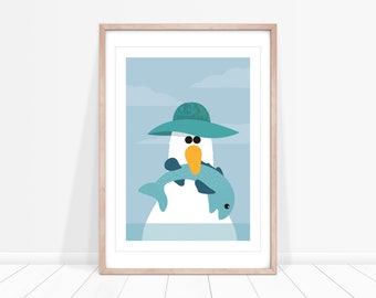 Seagull and Fish Poster, Seaside Poster for Kids Bedroom, Seagull Print for Kids, Nursery Wall Decor Blue, Pale Blue Wall Art, Turquoise Art
