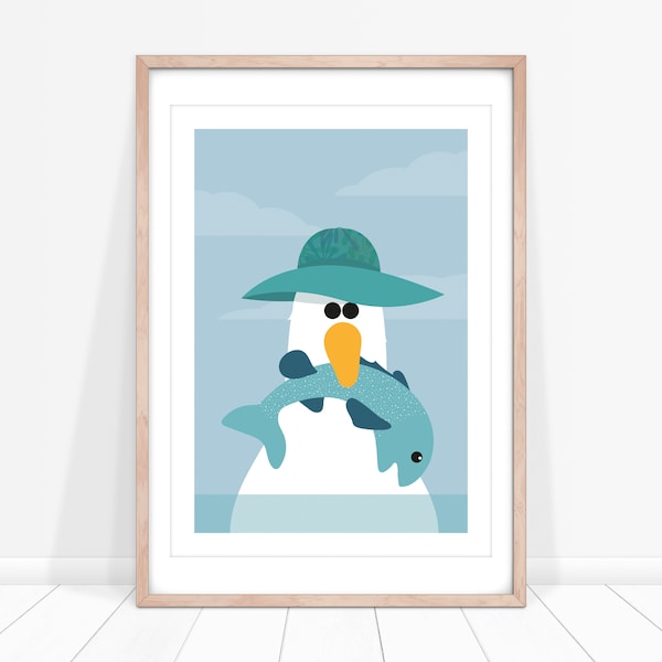 Seagull and Fish Poster, Seaside Poster for Kids Bedroom, Seagull Print for Kids, Nursery Wall Decor Blue, Pale Blue Wall Art, Turqoise Art