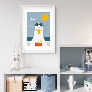 May include: A white seagull wearing sunglasses and a straw hat sits on a beach with a glass of orange juice. The seagull is looking at the viewer. The background is a blue sky with a yellow sun and white seagulls flying.