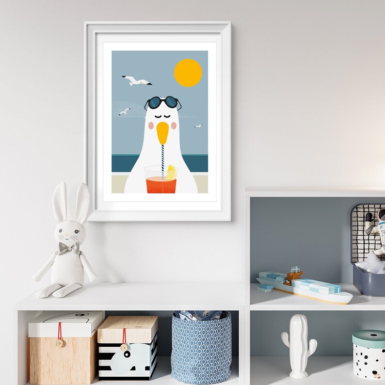 May include: A white seagull wearing sunglasses and a straw hat sits on a beach with a glass of orange juice. The seagull is looking at the viewer. The background is a blue sky with a yellow sun and white seagulls flying.