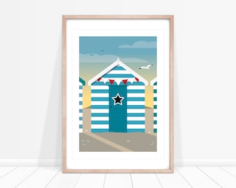 Stripy Beach Hut Print, Seaside Wall Art, Seaside Picture, Blue and White Wall Art, Seaside Print, Beach Hut Wall Decor