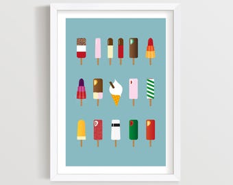 Retro Ice Cream Lolly Print: Turquoise Kitchen Wall Art, Multicoloured Fun Kids Illustration