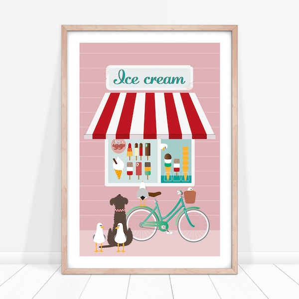 Ice Cream Shop Print, Seagull Wall Art, Bird Print, Animal Art, Ice Cream Poster, Beach Print, Birthday Gift, Girls Bedroom Print, Pink Art