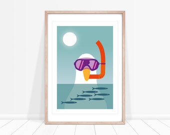 Snorkelling Seagull Print, Seagull Picture, Under the Sea Nursery, Seagull Wall Decor for Bathroom, Diver Picture, Snorkel Fish Art