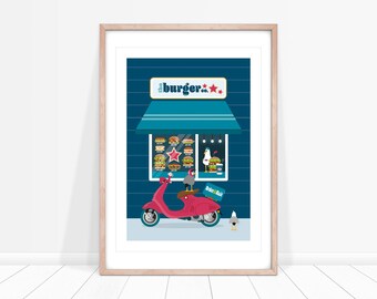 Burger Bar Print: Seagull on Scooter, Kitchen Wall Decor, Dark Blue and Turquoise Art.