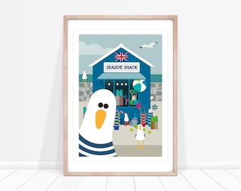 Sea Shack Seagull Print, Seaside Print, Seaside Nursery Decor, Bucket and Spade Print, Coastal Art for Bathroom, Bird Art, Coastal Wall Art