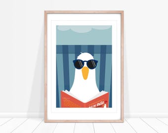 Sunbathing Seagull Print, Nautical Prints, Seagull Art for Bathroom, Seaside Print, Coastal Wall Art, Holiday Home Decor, Seagull Wall Decor