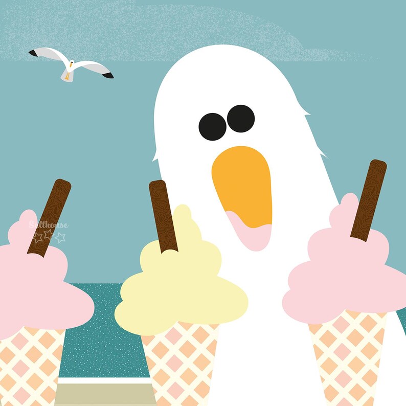 Puede incluir: Un p&aacute;jaro blanco con un pico amarillo y ojos negros sostiene tres conos de helado. Los conos est&aacute;n llenos de helado rosa, amarillo y blanco. El p&aacute;jaro mira a la c&aacute;mara con una expresi&oacute;n de sorpresa.