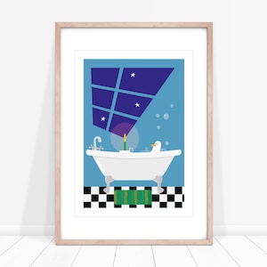 Soaking Seagull Bathtub Art Print: Mid-Century Bathroom Decor, Blue and White Wall Art