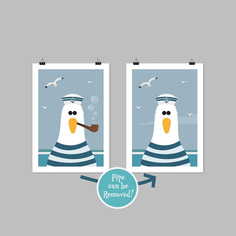May include: Two printable posters featuring a cartoon seagull wearing a sailor hat and holding a pipe. The seagull is on a blue and white striped background with a blue sky and white seagulls in the background. The text "Pipe can be Removed!" is below the posters.