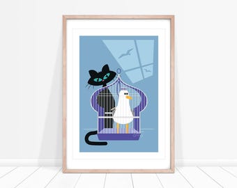 Jailbird Seagull Art Print: Mid Century Cat and Bird Decor, Retro Birdcage, Blue Kitchen Wall Art