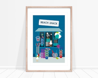 Seagull Beach Shack Art Print: Seaside Kiosk Illustration, Blue Coastal Kids Decor
