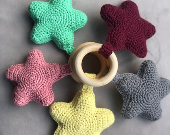 Handmade Crocheted Toy With a Wooden Ring | Handmade Sensory Toy | Handmade Gift | Sensory Toy | Soft Toy With Wooden Ring | Amigurumi Star
