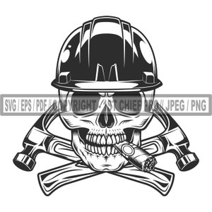 Skull SVG in Hard Hat SVG with Cigar SVG, Skull svg, Hammer svg, Skull and Helmet Clipart, Skull, Skull Cricut, Skull Cut Files, Hammer png