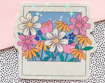 Flower polaroid sticker - Pretty stickers - Aesthetic trendy stickers - Glitter flower stickers - Cute flower sticker - Flower bunch sticker