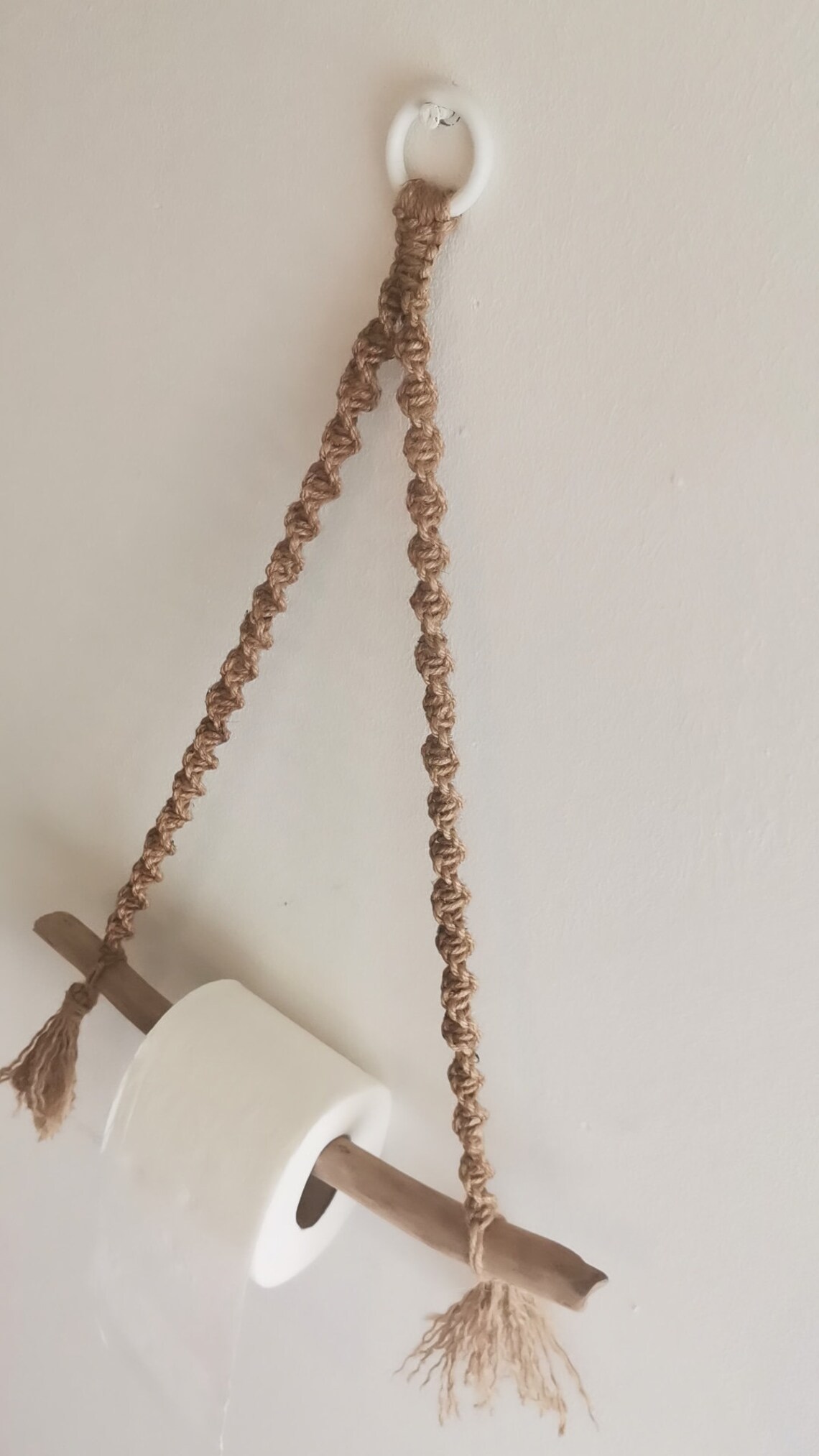 Macramé jute toilet paper holder on driftwood handbraided Etsy