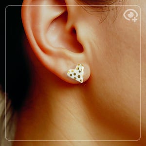 Golden Polka Dot Heart Stud Earrings, handmade white porcelain, 24k gold, stud earrings, Unique Gift for Her