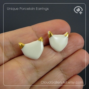 Porcelain Fox Head Stud Earrings – Handmade Ceramic Earrings with Real Gold Tips – Minimalist Animal Jewelry – Cute Fox Post Earrings