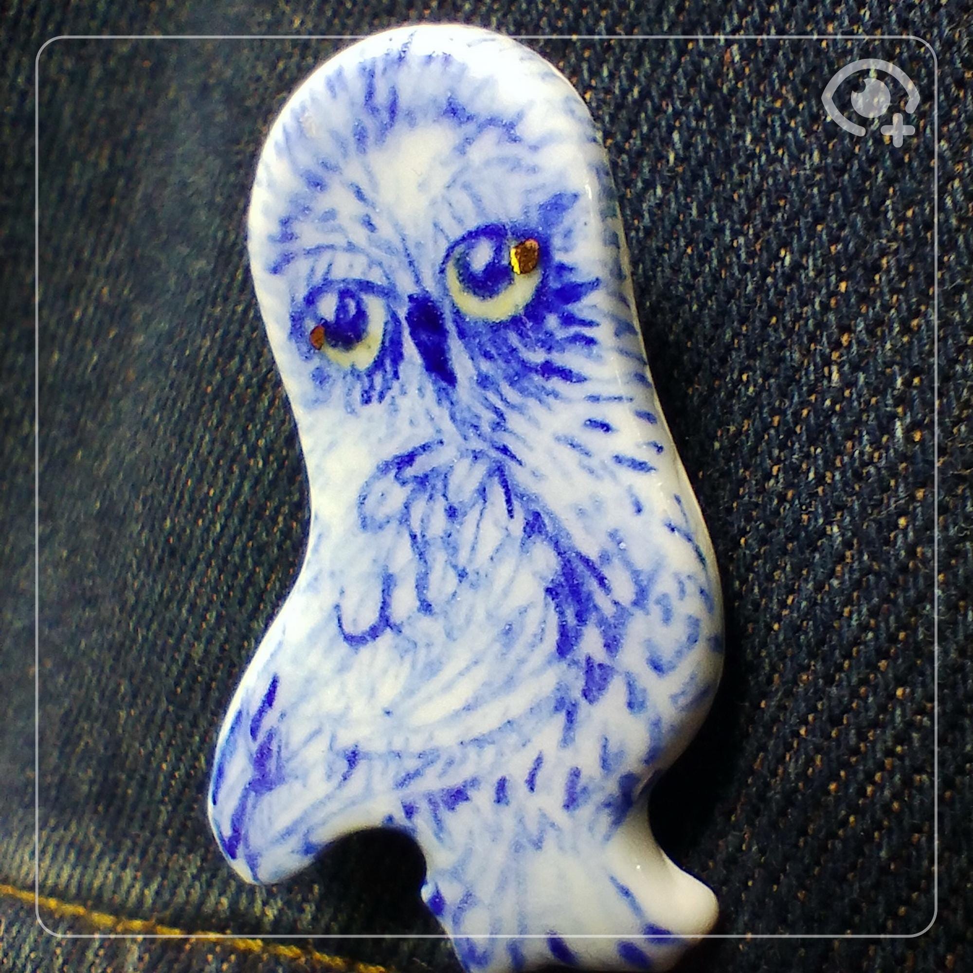 Delft Owl, White Blue, Porcelain Brooch, 22k Gold Details, Handmade
