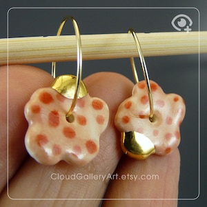 Polka Dot Porcelain Flower Earrings: 22K Gold details, Handmade Ceramic Jewelry, Stainless Steel gold-tone metal hoops