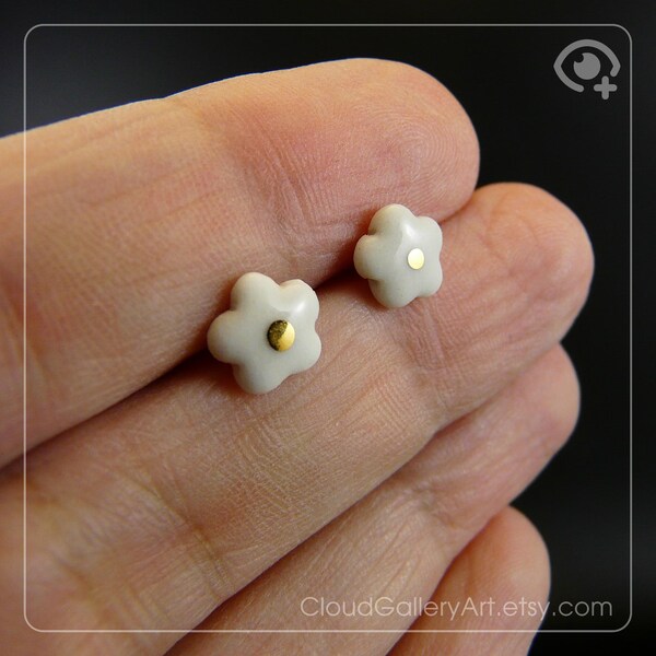 Golden Blossom Flower Earrings, handmade white porcelain,24k gold, unique jewelry, stud earrings, Unique Gift for Her