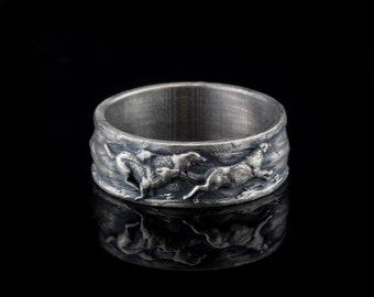 Running Wolves Band Ring, Wolf Mens Silver Ring, 925K Sterling Handmade Men Ring, Animal Jewelry,  Engraved Ring, Mens Wedding Band Unique,