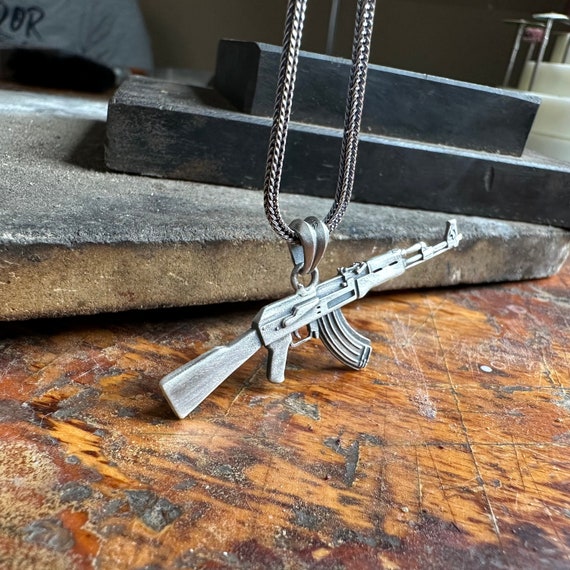 Real Solid 925 Silver / 14k Gold Mens AK47 Gun Rifle Gangster Pendant  Necklace