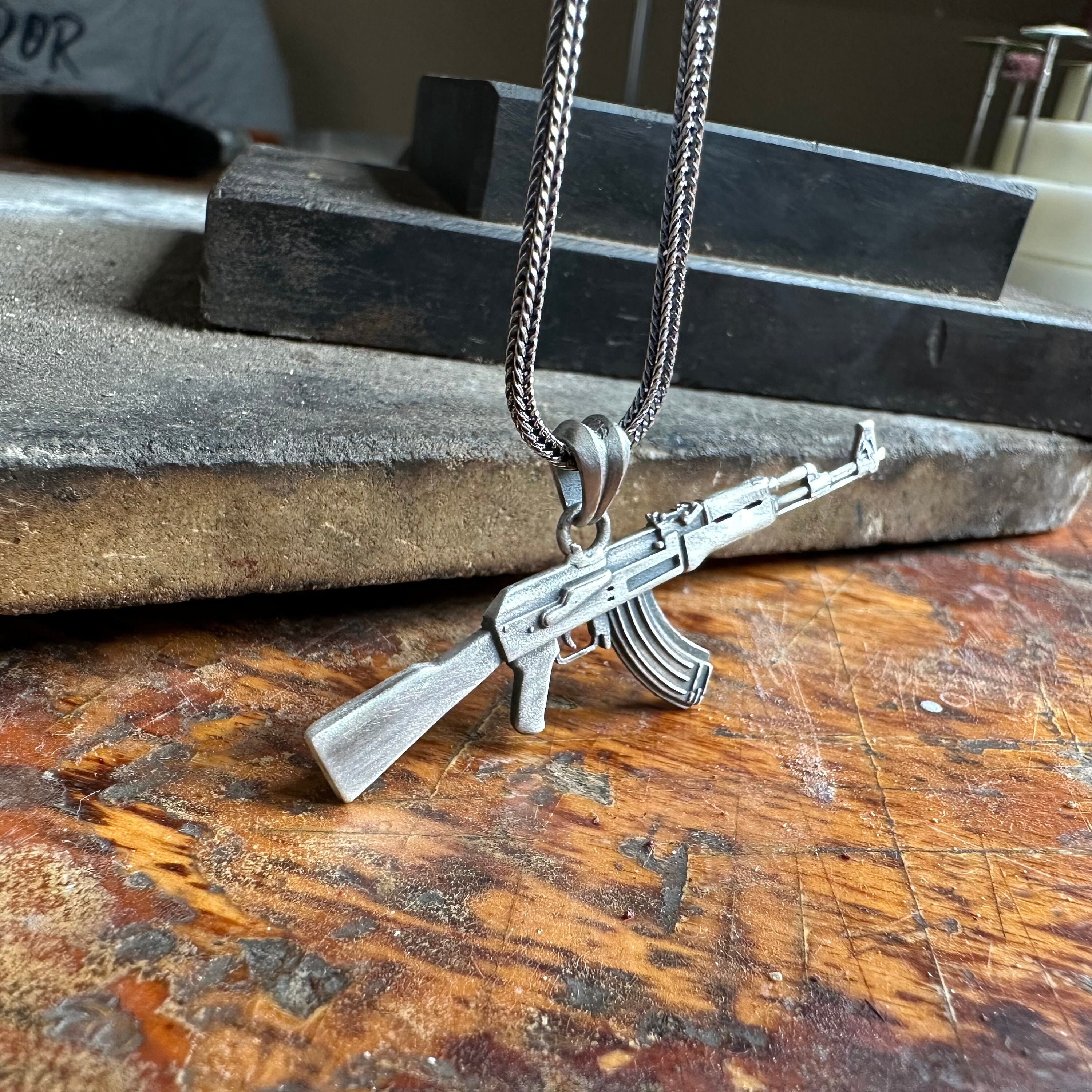 AK-47 Rifle Gun Chain Iced Simulated CZ Pendant Silver Tone Franco Necklace  36