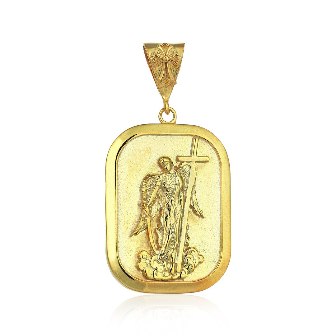 14K Gold Saint Gabriel Medallion Pendant, Religious Mens 18K Gold