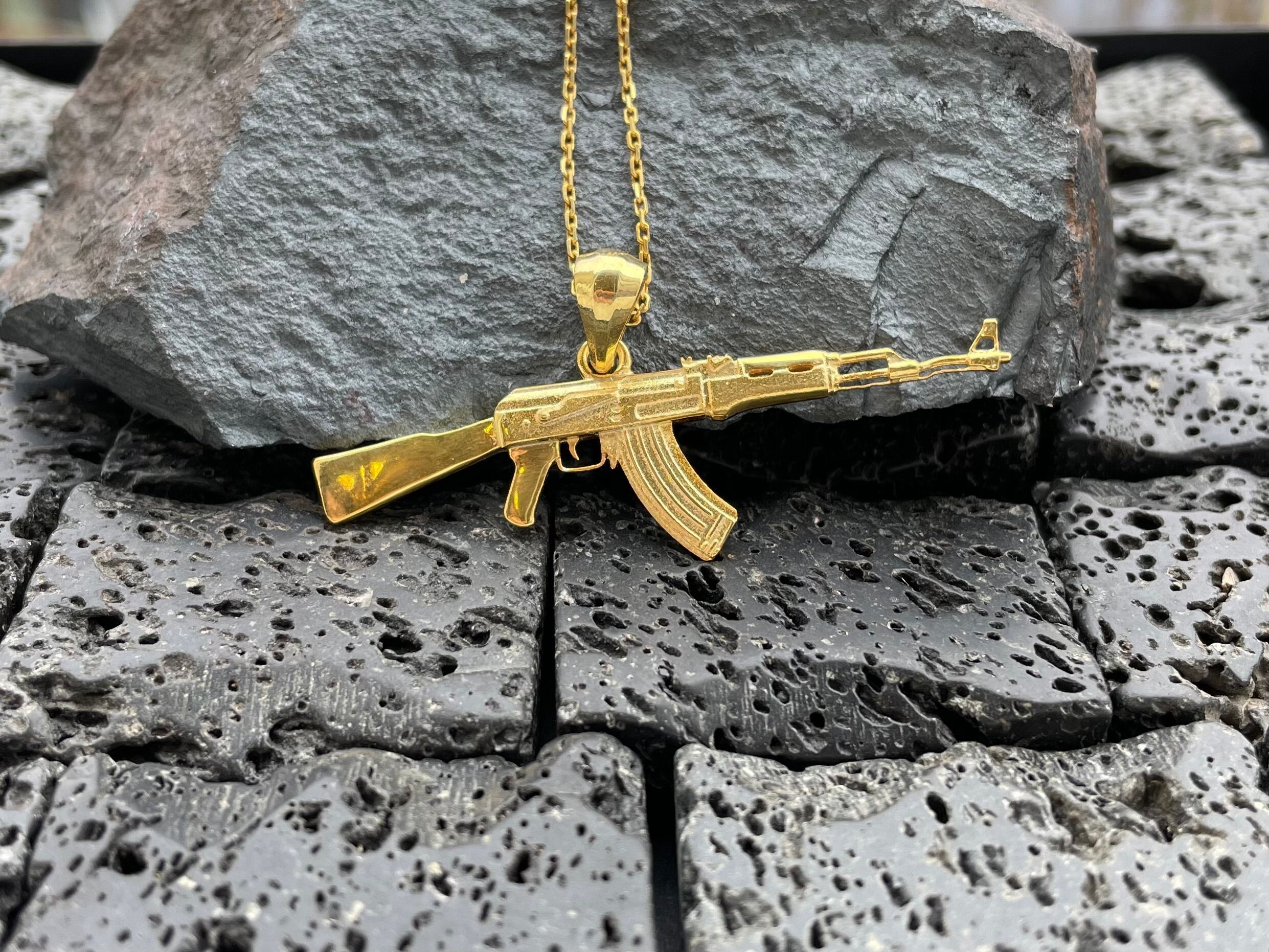 Stainless Steel & Gold Plated Gun AK47 Pendant Necklace Punk Jewelry Chain  | eBay