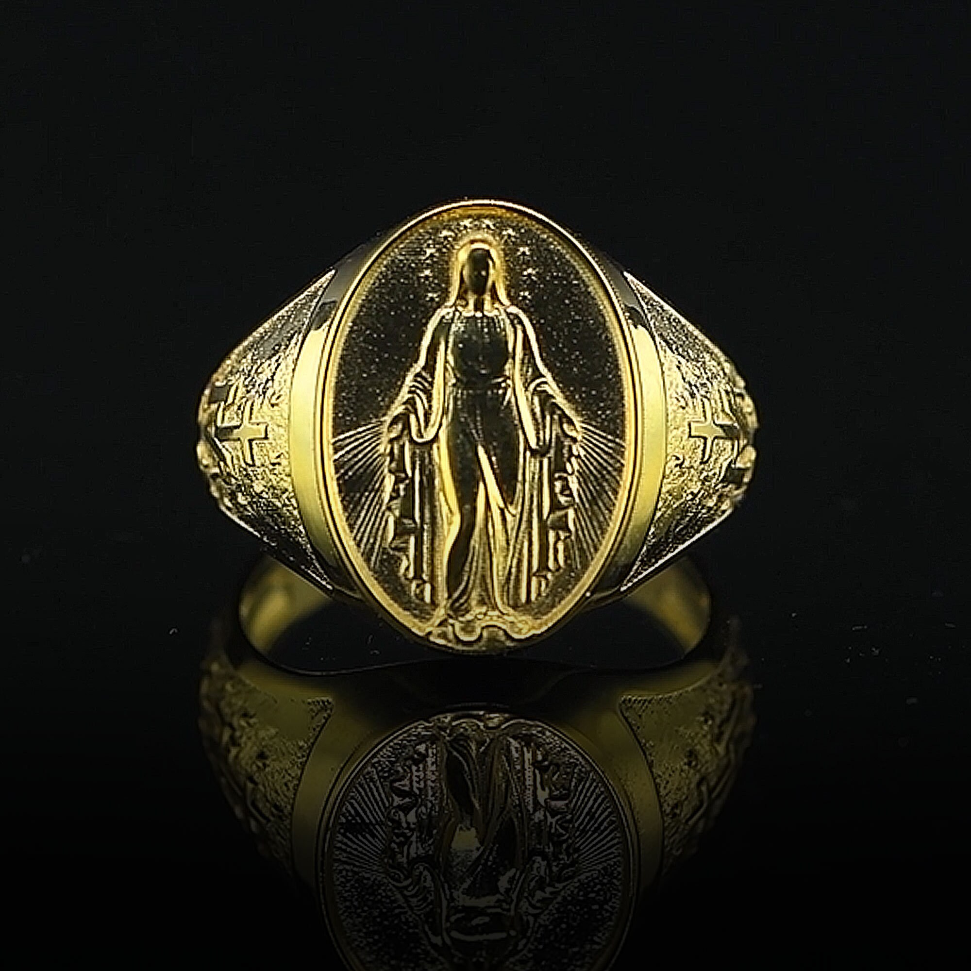 Virgin Mary Signet Ring 10K 14K 18K Gold Our Lady of Miracles
