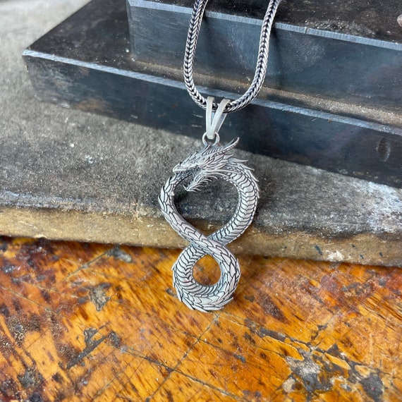 Silver Ouroboros Dragon Necklace Serpent Eating Pendant