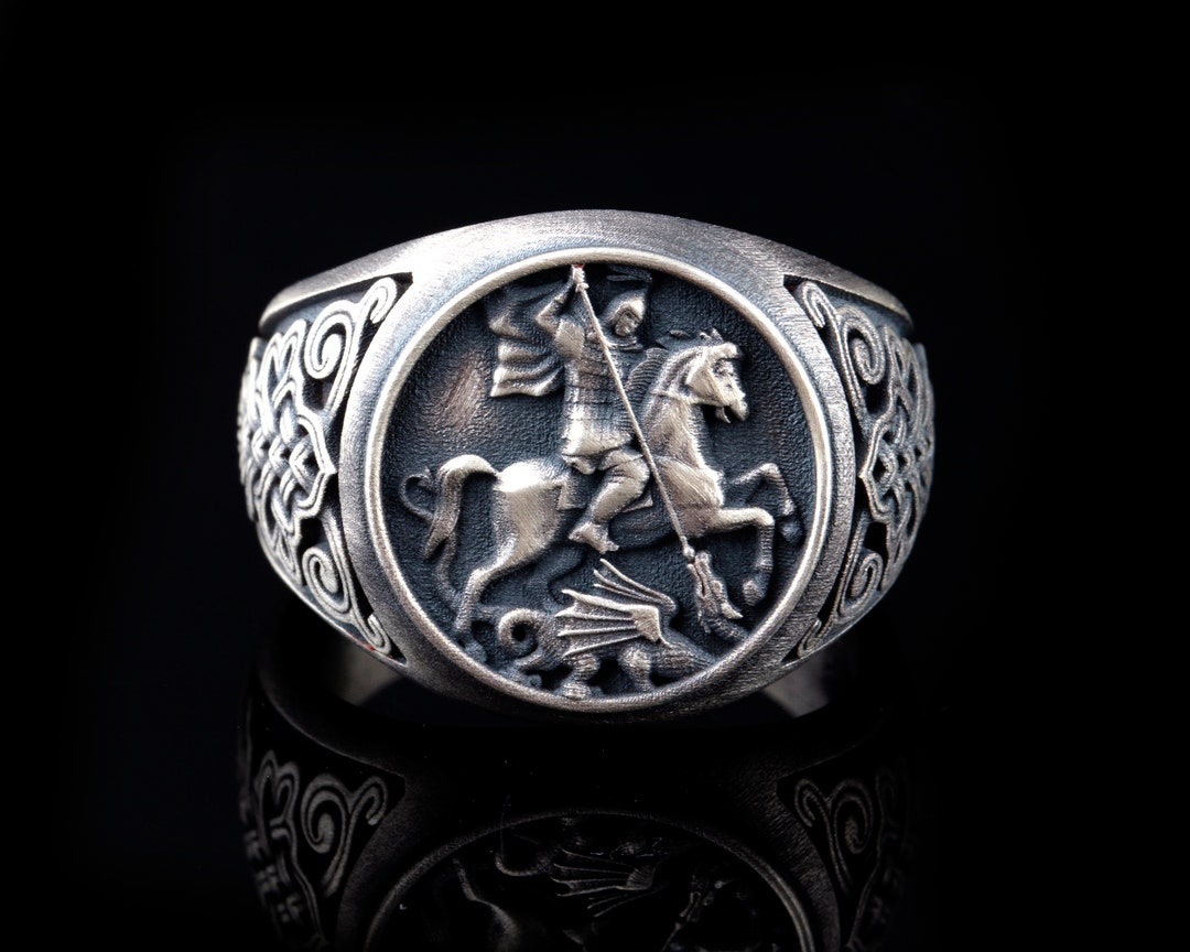 St George and the Dragon Ring, 925K Silver Saint George of Lydda Ring ...