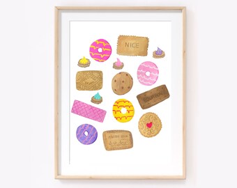 Biscuits art print, tea and biscuits art, food illustration, party rings, jammy dodger, iced gems, biscuits wall art - Becca Nuckley