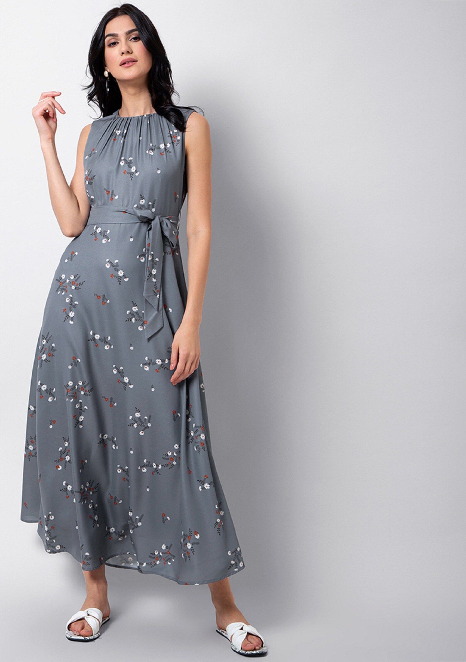 Grey Floral Belted Maxi Dress Natural Cotton A Line Maxi | Etsy