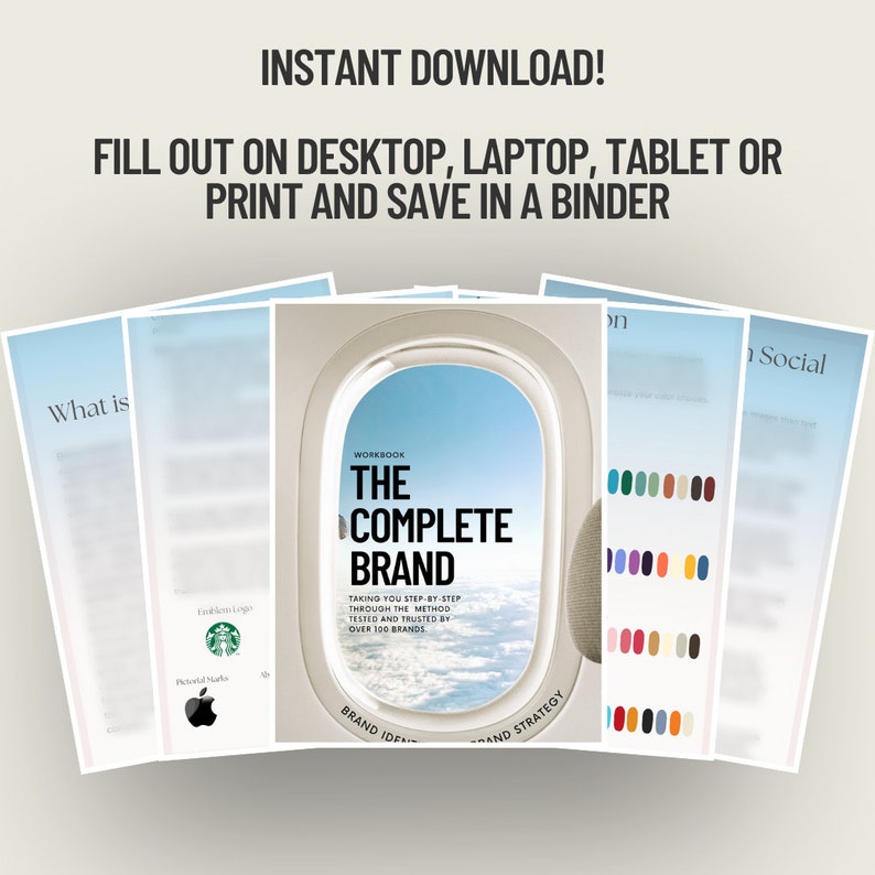 May include: A workbook titled "The Complete Brand" with a blue sky and clouds visible through an airplane window. The workbook is designed to help you build a brand by taking you step-by-step through a method tested and trusted by over 100 brands.