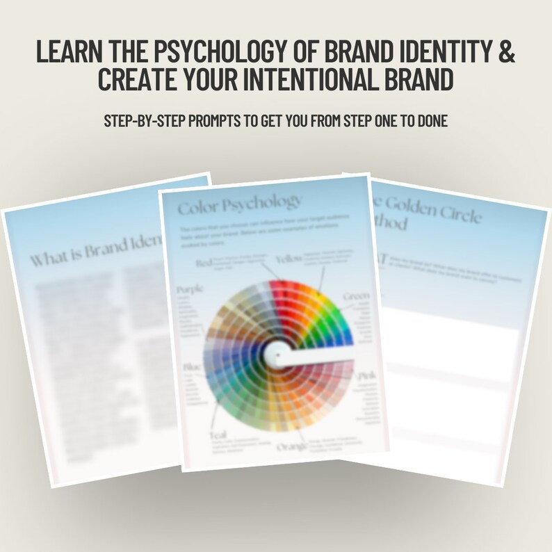 May include: Three pages of a guide to creating a brand identity. The first page is titled "What is Brand Identity?" The second page is titled "Color Psychology" and features a colour wheel with different shades of colour. The third page is titled "The Golden Circle Method".