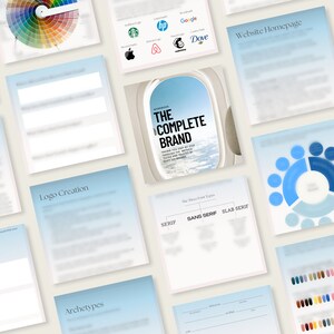 May include: A workbook titled "The Complete Brand" with a blue sky and clouds background. The workbook is open to a page with the text "The Three Font Types" and a diagram showing the three types of fonts: Serif, Sans Serif, and Slab Serif.