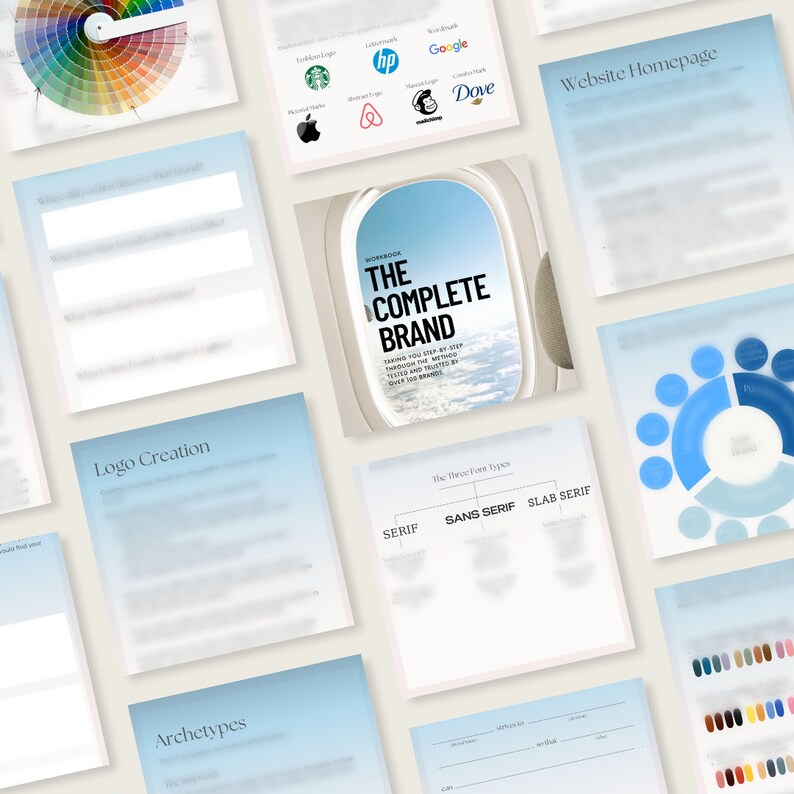 May include: A workbook titled "The Complete Brand" with a blue sky and clouds background. The workbook is open to a page with the text "The Three Font Types" and a diagram showing the three types of fonts: Serif, Sans Serif, and Slab Serif.
