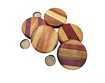 Bottle opener round.  Random natural wood colors.  Makes a great gift.  Made from solid Hardwood.